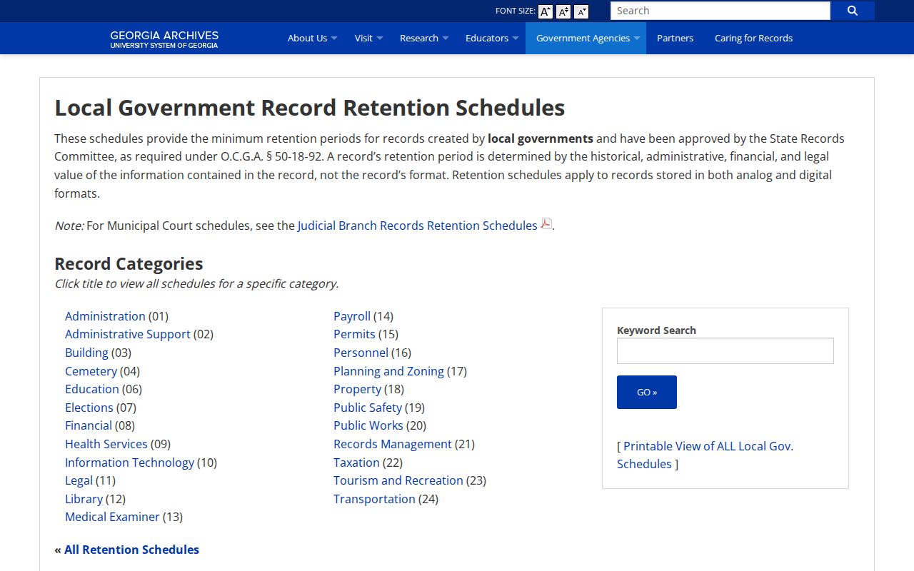 Georgia Archives retention schedule for Ben Hill County booking and jail records