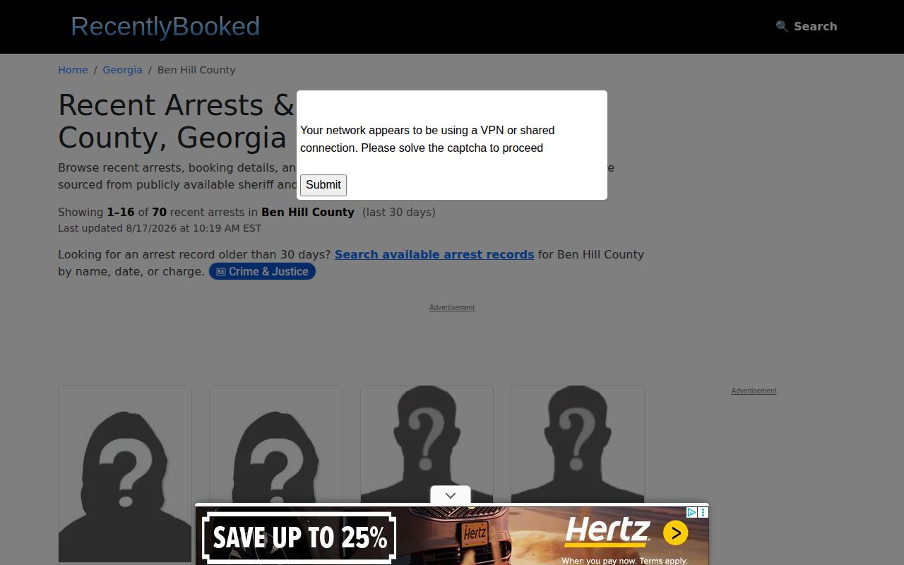RecentlyBooked Ben Hill County secondary booking archive used for unofficial crime-news context