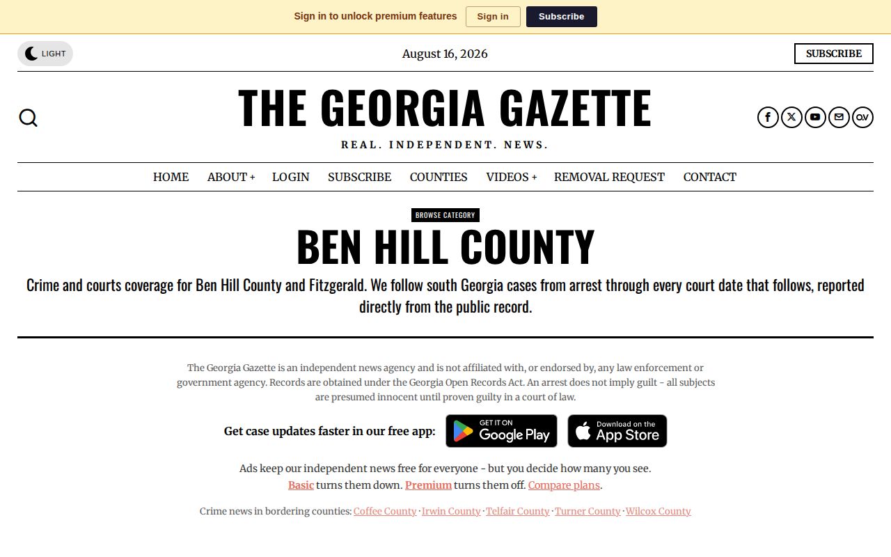 Georgia Gazette Ben Hill County crime and arrest archive used as an unofficial secondary source