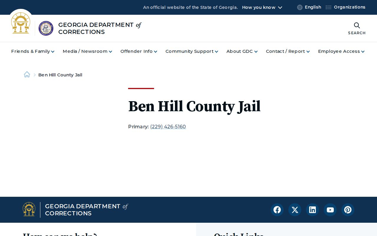 Georgia Department of Corrections offender search for Ben Hill County state custody records and photos