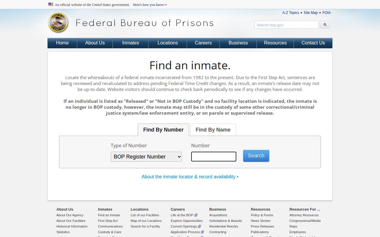 Federal Bureau of Prisons locator for a Ben Hill County federal custody question without photos