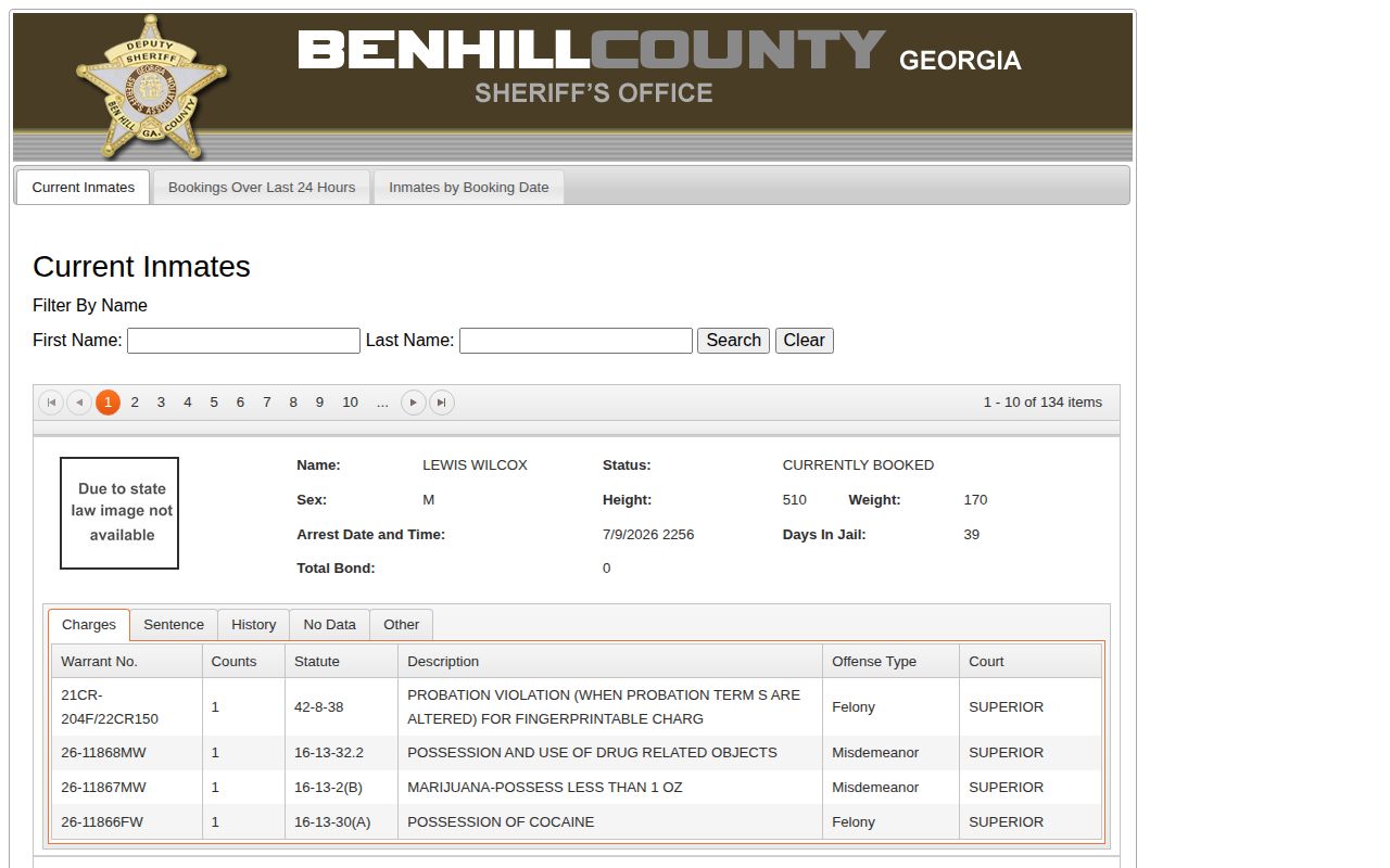 Ben Hill County Detention Center roster search for current and recent booking records