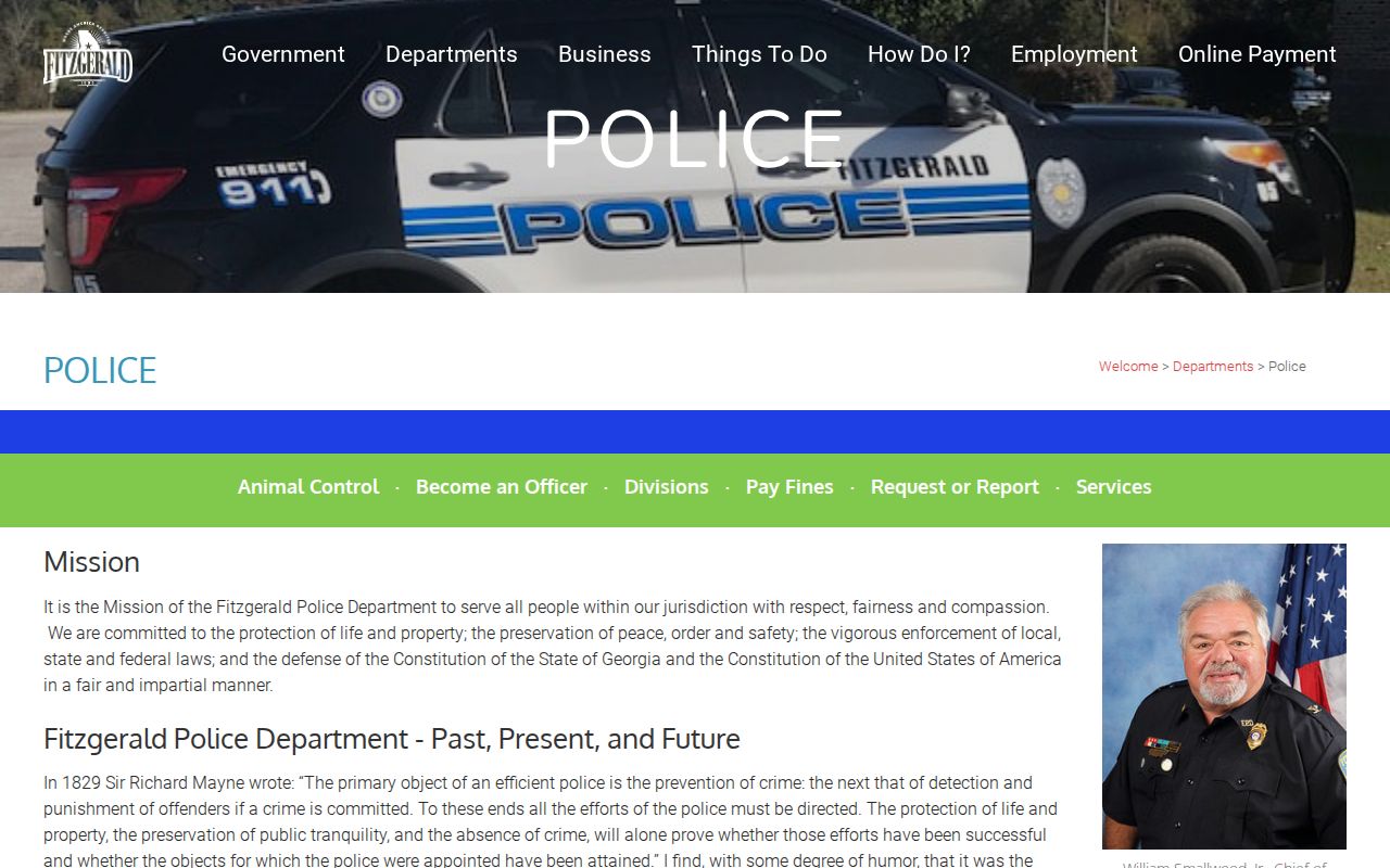 Fitzgerald Police Department contact page for city arrest and booking-record questions